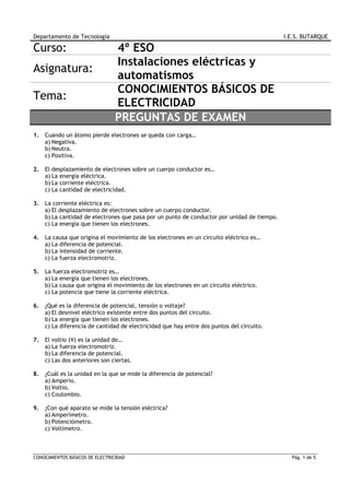 CONOCIMIENTOS BÁSICOS DE ELECTRICIDAD Pág. 1 de 5
Departamento de Tecnología I.E.S. BUTARQUE
Curso: 4º ESO
Asignatura:
Instalaciones eléctricas y
automatismos
Tema:
CONOCIMIENTOS BÁSICOS DE
ELECTRICIDAD
PREGUNTAS DE EXAMEN
1. Cuando un átomo pierde electrones se queda con carga…
a) Negativa.
b) Neutra.
c) Positiva.
2. El desplazamiento de electrones sobre un cuerpo conductor es…
a) La energía eléctrica.
b) La corriente eléctrica.
c) La cantidad de electricidad.
3. La corriente eléctrica es:
a) El desplazamiento de electrones sobre un cuerpo conductor.
b) La cantidad de electrones que pasa por un punto de conductor por unidad de tiempo.
c) La energía que tienen los electrones.
4. La causa que origina el movimiento de los electrones en un circuito eléctrico es…
a) La diferencia de potencial.
b) La intensidad de corriente.
c) La fuerza electromotriz.
5. La fuerza electromotriz es…
a) La energía que tienen los electrones.
b) La causa que origina el movimiento de los electrones en un circuito eléctrico.
c) La potencia que tiene la corriente eléctrica.
6. ¿Qué es la diferencia de potencial, tensión o voltaje?
a) El desnivel eléctrico existente entre dos puntos del circuito.
b) La energía que tienen los electrones.
c) La diferencia de cantidad de electricidad que hay entre dos puntos del circuito.
7. El voltio (V) es la unidad de…
a) La fuerza electromotriz.
b) La diferencia de potencial.
c) Las dos anteriores son ciertas.
8. ¿Cuál es la unidad en la que se mide la diferencia de potencial?
a) Amperio.
b) Voltio.
c) Coulombio.
9. ¿Con qué aparato se mide la tensión eléctrica?
a) Amperímetro.
b) Potenciómetro.
c) Voltímetro.
 