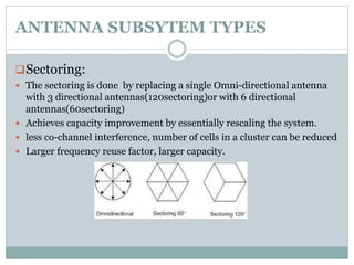 ANTENNA SUBSYTEM TYPES
Sectoring:
 The sectoring is done by replacing a single Omni-directional antenna
with 3 directional antennas(120sectoring)or with 6 directional
antennas(60sectoring)
 Achieves capacity improvement by essentially rescaling the system.
 less co-channel interference, number of cells in a cluster can be reduced
 Larger frequency reuse factor, larger capacity.
 