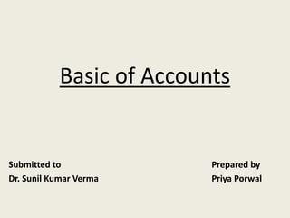 Basic of Accounts
Submitted to Prepared by
Dr. Sunil Kumar Verma Priya Porwal
 
