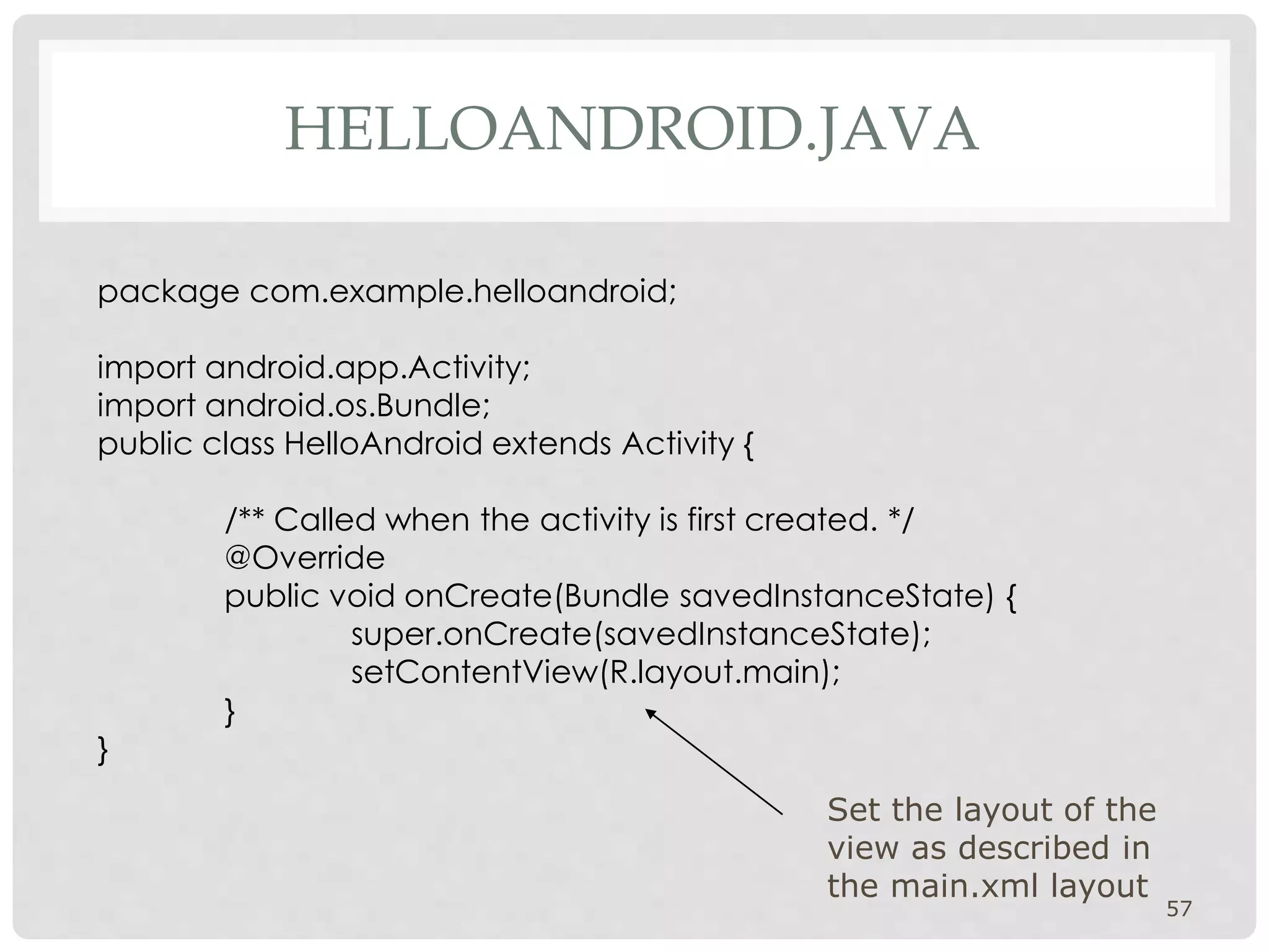 HELLOANDROID.JAVA 
57 
package com.example.helloandroid; 
import android.app.Activity; 
import android.os.Bundle; 
public class HelloAndroid extends Activity { 
/** Called when the activity is first created. */ 
@Override 
public void onCreate(Bundle savedInstanceState) { 
super.onCreate(savedInstanceState); 
setContentView(R.layout.main); 
} 
} 
Set the layout of the 
view as described in 
the main.xml layout 
 