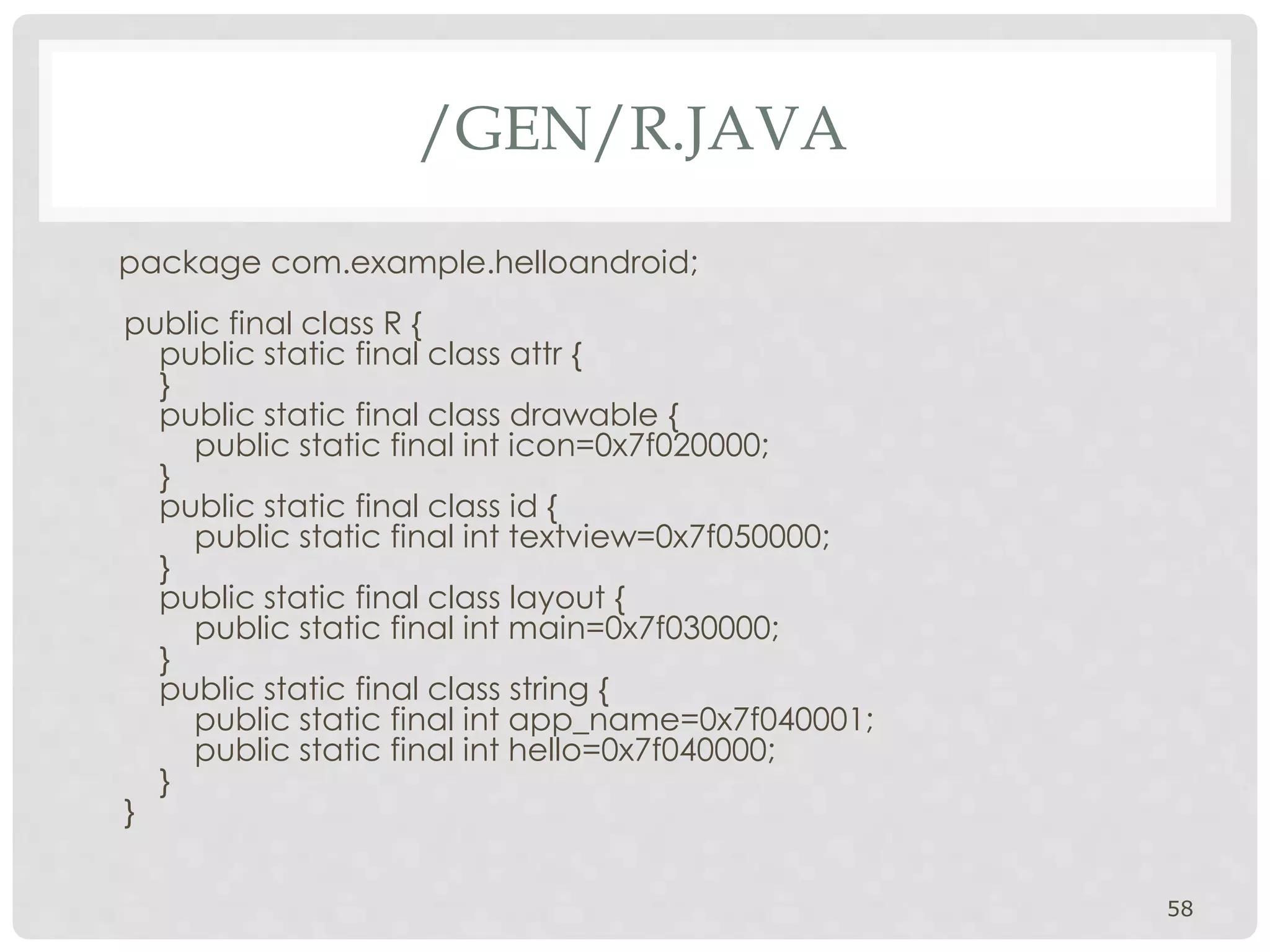 /GEN/R.JAVA 
package com.example.helloandroid; 
public final class R { 
public static final class attr { 
} 
public static final class drawable { 
public static final int icon=0x7f020000; 
} 
public static final class id { 
public static final int textview=0x7f050000; 
} 
public static final class layout { 
public static final int main=0x7f030000; 
} 
public static final class string { 
public static final int app_name=0x7f040001; 
public static final int hello=0x7f040000; 
} 
} 
58 
 