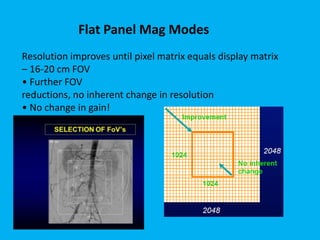 Resolution improves until pixel matrix equals display matrix
– 16-20 cm FOV
• Further FOV
reductions, no inherent change in resolution
• No change in gain!
Flat Panel Mag Modes
 