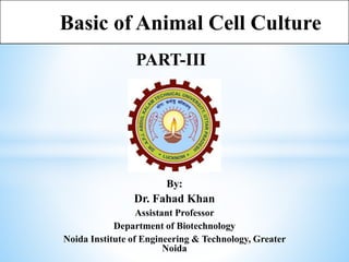 By:
Dr. Fahad Khan
Assistant Professor
Department of Biotechnology
Noida Institute of Engineering & Technology, Greater
Noida
Basic of Animal Cell Culture
PART-III
 