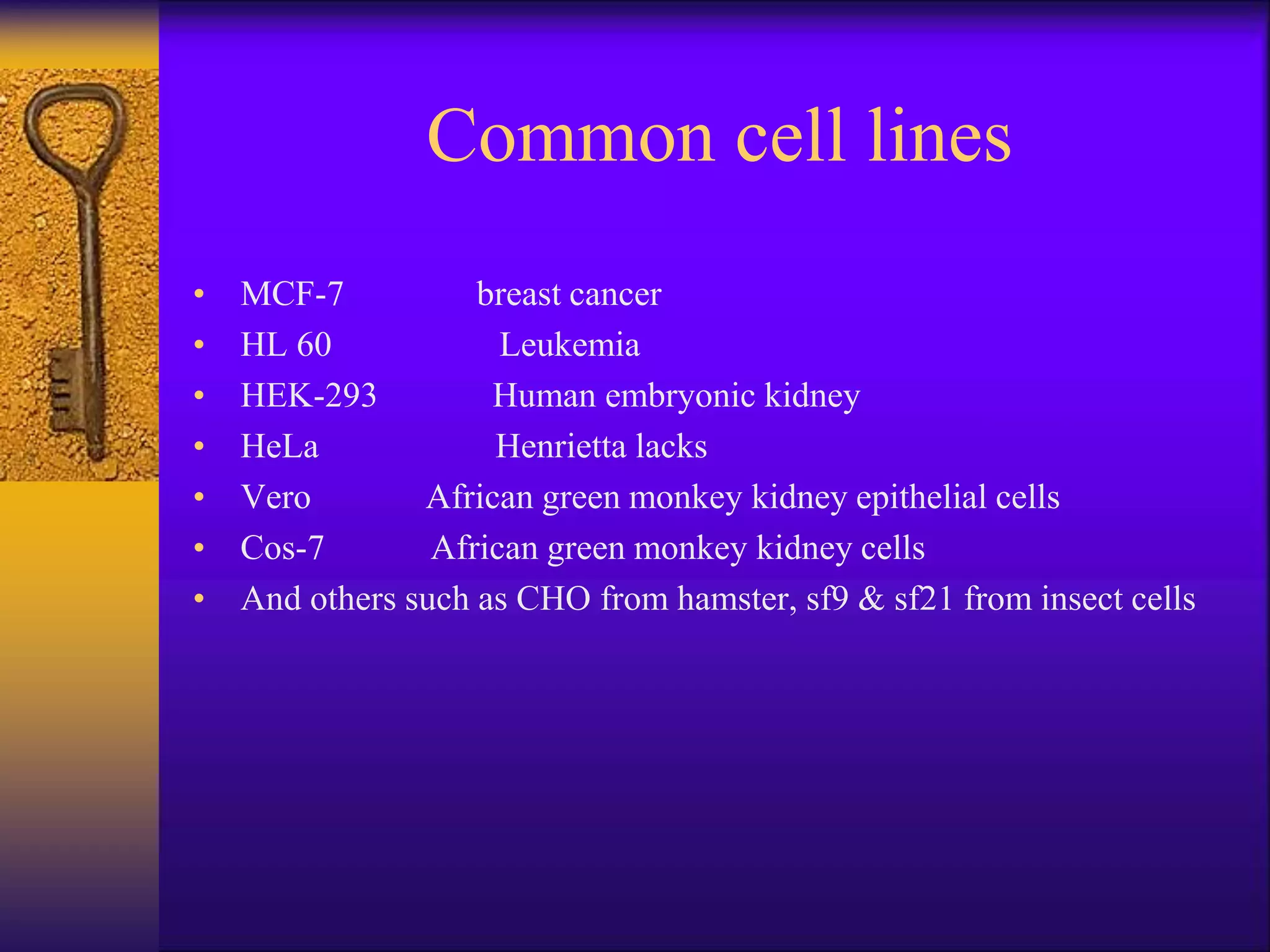 Common cell lines
• MCF-7 breast cancer
• HL 60 Leukemia
• HEK-293 Human embryonic kidney
• HeLa Henrietta lacks
• Vero African green monkey kidney epithelial cells
• Cos-7 African green monkey kidney cells
• And others such as CHO from hamster, sf9 & sf21 from insect cells
 