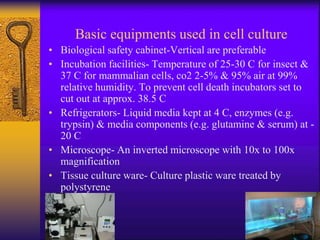 Basic equipments used in cell culture
• Biological safety cabinet-Vertical are preferable
• Incubation facilities- Temperature of 25-30 C for insect &
37 C for mammalian cells, co2 2-5% & 95% air at 99%
relative humidity. To prevent cell death incubators set to
cut out at approx. 38.5 C
• Refrigerators- Liquid media kept at 4 C, enzymes (e.g.
trypsin) & media components (e.g. glutamine & serum) at -
20 C
• Microscope- An inverted microscope with 10x to 100x
magnification
• Tissue culture ware- Culture plastic ware treated by
polystyrene
 