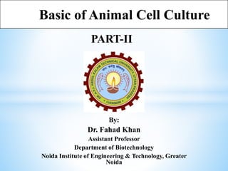 By:
Dr. Fahad Khan
Assistant Professor
Department of Biotechnology
Noida Institute of Engineering & Technology, Greater
Noida
Basic of Animal Cell Culture
PART-II
 
