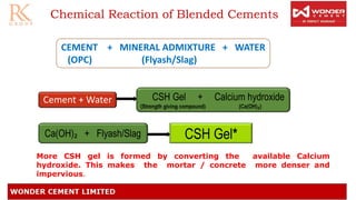 Chemical Reaction of Blended Cements
CEMENT + MINERAL ADMIXTURE + WATER
(OPC) (Flyash/Slag)
Cement + Water CSH Gel + Calcium hydroxide
(Strength giving compound) (Ca(OH)₂)
Ca(OH)₂ + Flyash/Slag CSH Gel*
More CSH gel is formed by converting the available Calcium
hydroxide. This makes the mortar / concrete more denser and
impervious.
 