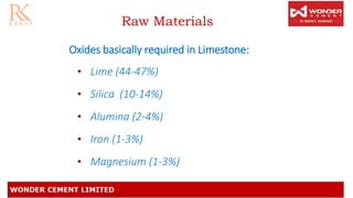 Raw Materials
Oxides basically required in Limestone:
• Lime (44-47%)
• Silica (10-14%)
• Alumina (2-4%)
• Iron (1-3%)
• Magnesium (1-3%)
 