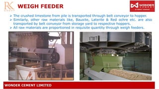 WEIGH FEEDER
➢ The crushed limestone from pile is transported through belt conveyor to hopper.
➢ Similarly, other raw materials like, Bauxite, Laterite & Red ochre etc. are also
transported by belt conveyor from storage yard to respective hoppers.
➢ All raw materials are proportioned in requisite quantity through weigh feeders.
 