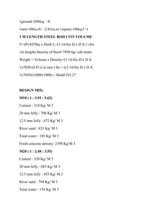 1ground-2400sq. ¬ft
1unit-100cu.ft- ¬2.83cu.m 1square-100sq.f ¬t
1 M LENGTH STEEL ROD I ITS VOLUME
V=(Pi/4)*Dia x DiaX L=(3.14/4)x D x D X 1 (for
1m length) Density of Steel=7850 kg/ cub meter
Weight = Volume x Density=(3.14/4)x D x D X
1x7850 (if D is in mm ) So = ((3.14/4)x D x D X
1x7850)/(1000x1000) = Dodd/162.27
DESIGN MIX:
M10 ( 1 : 3.92 : 5.62)
Cement : 210 Kg/ M 3
20 mm Jelly : 708 Kg/ M 3
12.5 mm Jelly : 472 Kg/ M 3
River sand : 823 Kg/ M 3
Total water : 185 Kg/ M 3
Fresh concrete density: 2398 Kg/M 3
M20 ( 1 : 2.48 : 3.55)
Cement : 320 Kg/ M 3
20 mm Jelly : 683 Kg/ M 3
12.5 mm Jelly : 455 Kg/ M 3
River sand : 794 Kg/ M 3
Total water : 176 Kg/ M 3
 