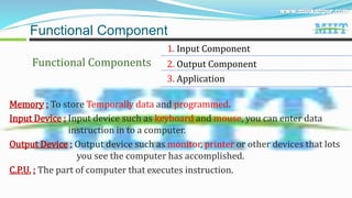 Functional Components
1. Input Component
2. Output Component
3. Application
Functional Component
Memory : To store Temporally data and programmed.
Input Device : Input device such as keyboard and mouse, you can enter data
instruction in to a computer.
Output Device : Output device such as monitor, printer or other devices that lots
you see the computer has accomplished.
C.P.U. : The part of computer that executes instruction.
 