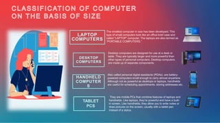 DESKTOP
COMPUTERS
HANDHELD
COMPUTER
S
LAPTOP
COMPUTERS
The smallest computer in size has been developed. This
type of small computers look like an office brief case and
called “LAPTOP” computer. The laptops are also termed as
“PORTABLE COMPUTERS.”
Desktop computers are designed for use at a desk or
table. They are typically larger and more powerful than
other types of personal computers. Desktop computers
are made up of separate components.
Also called personal digital assistants (PDAs), are battery-
powered computers small enough to carry almost anywhere.
Although not as powerful as desktops or laptops, handhelds
are useful for scheduling appointments, storing addresses etc.
They are mobile PCs that combine features of laptops and
handhelds. Like laptops, they’re powerful and have a built-
in screen. Like handhelds, they allow you to write notes or
draw pictures on the screen, usually with a tablet pen
instead of a stylus.
TABLET
PCS
 