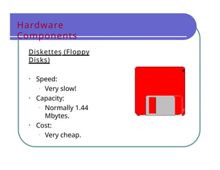 Hardware
Components
Diskettes (Floppy
Disks)
• Speed:
• Very slow!
• Capacity:
• Normally 1.44
Mbytes.
• Cost:
• Very cheap.
 