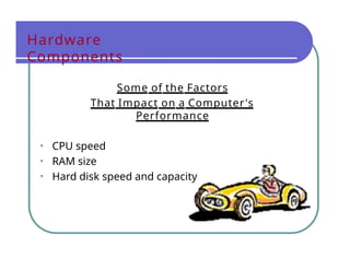 Hardware
Components
Some of the Factors
That Impact on a Computer's
Performance
• CPU speed
• RAM size
• Hard disk speed and capacity
 