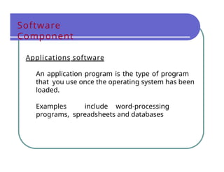 Software
Component
Applications software
An application program is the type of program
that you use once the operating system has been
loaded.
Examples include word-processing
programs, spreadsheets and databases
 