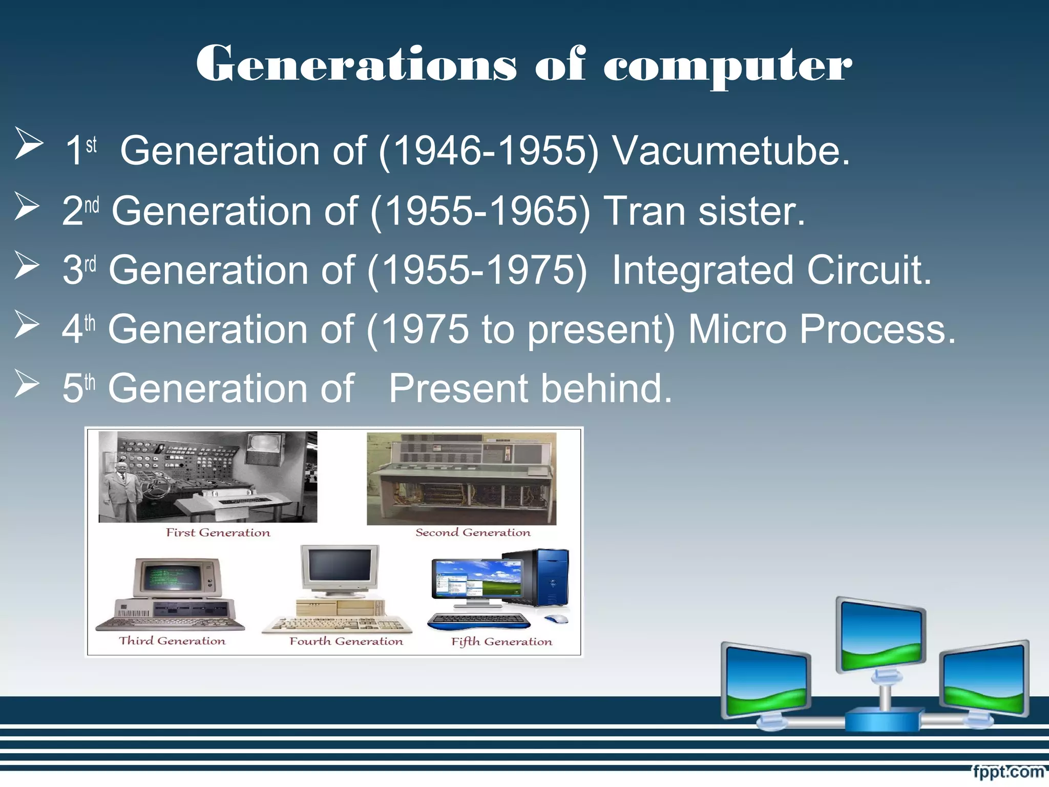 Generations of computer
 1st
Generation of (1946-1955) Vacumetube.
 2nd
Generation of (1955-1965) Tran sister.
 3rd
Generation of (1955-1975) Integrated Circuit.
 4th
Generation of (1975 to present) Micro Process.
 5th
Generation of Present behind.
 