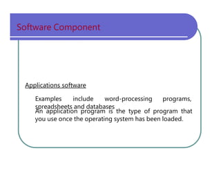 Software   Component Applications software An   application   program   is   the   type   of   program   that you   use   once   the   operating   system   has   been   loaded. programs, Examples   include   word-processing spreadsheets   and   databases 