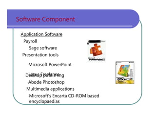 Software   Component Application Software Payroll Sage   software Presentation   tools Microsoft   PowerPoint Lotus   Freelance Desktop   publishing Abode   Photoshop Multimedia   applications Microsoft's   Encarta   CD-ROM   based encyclopaedias 