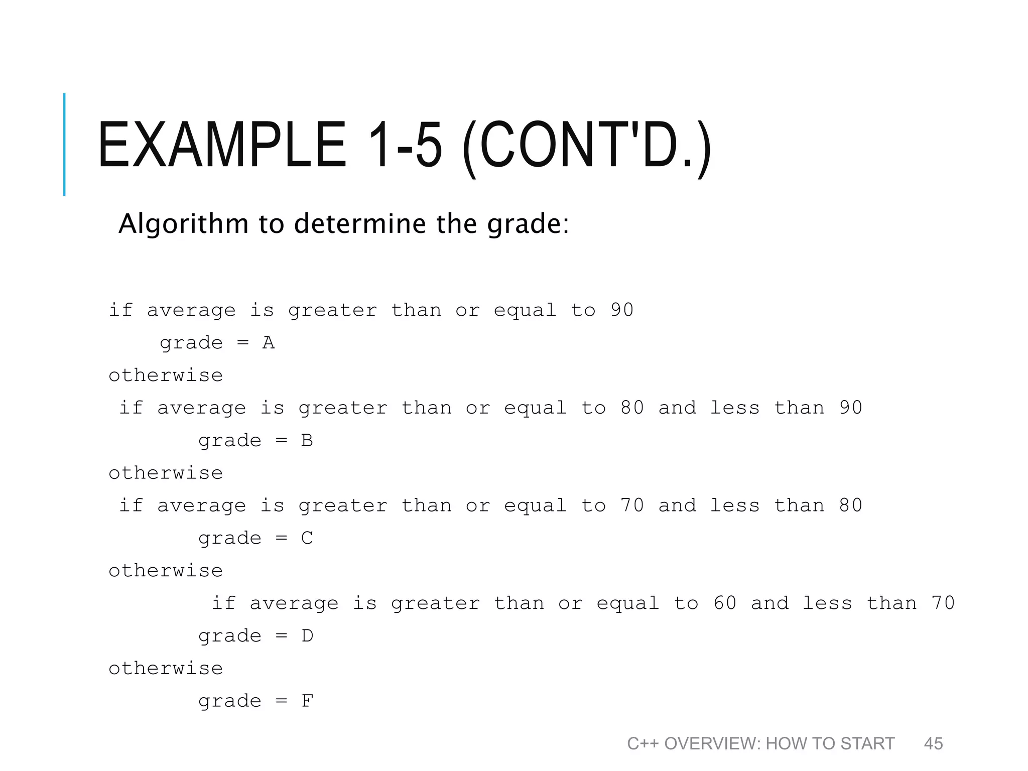 EXAMPLE 1-5 (CONT'D.) Algorithm to determine the grade: if average is greater than or equal to 90 grade = A otherwise if average is greater than or equal to 80 and less than 90 grade = B otherwise if average is greater than or equal to 70 and less than 80 grade = C otherwise if average is greater than or equal to 60 and less than 70 grade = D otherwise grade = F C++ OVERVIEW: HOW TO START 45 