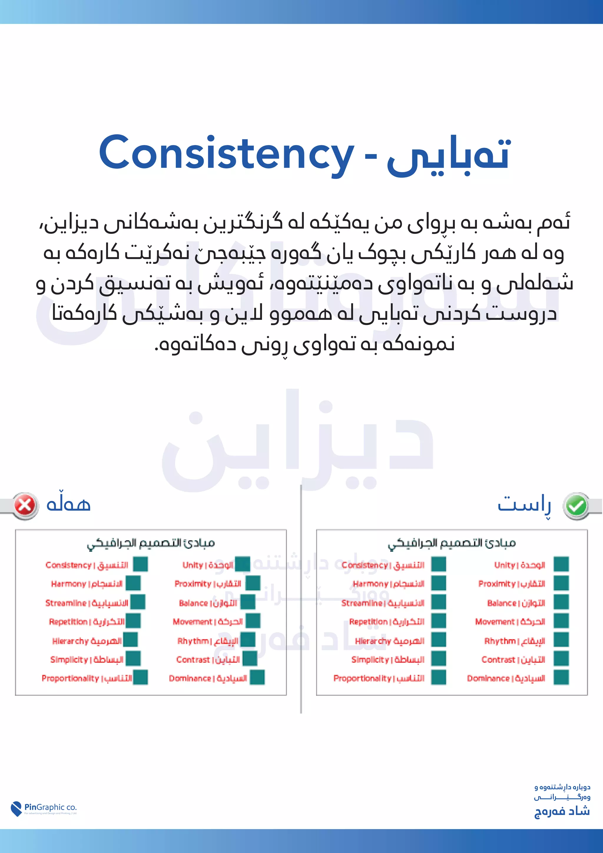 ‫ﺳەرەﺗﺎﮐﺎﻧﯽ‬
‫دﯾﺰاﯾﻦ‬
‫دﯾﺰاﯾﻦ‬
‫و‬ ‫داڕﺷﺘﻨەوە‬ ‫دوﺑﺎرە‬
‫وەرﮔـــــــێــــــــﺮاﻧـــــــﯽ‬
‫ﻓەرەج‬ ‫ﺷﺎد‬
Consistency - ‫ﺗەﺑﺎﯾﯽ‬
،‫دﯾﺰاﯾﻦ‬ ‫ﺑەﺷەﮐﺎﻧﯽ‬ ‫ﮔﺮﻧﮕﱰﯾﻦ‬ ‫ﻟە‬ ‫ﯾەﮐێﮑە‬ ‫ﻣﻦ‬ ‫ﺑڕوای‬ ‫ﺑە‬ ‫ﺑەﺷە‬ ‫ﺋەم‬
‫ﺑە‬ ‫ﮐﺎرەﮐە‬ ‫ﻧەﮐﺮێﺖ‬ ‫ﺟێﺒەﺟێ‬ ‫ﮔەورە‬ ‫ﯾﺎن‬ ‫ﺑﭽﻮک‬ ‫ﮐﺎرێﮑﯽ‬ ‫ﻫەر‬ ‫ﻟە‬ ‫وە‬
‫و‬ ‫ﮐﺮدن‬ ‫ﺗەﻧﺴﯿﻖ‬ ‫ﺑە‬ ‫ﺋەوﯾﺶ‬ ،‫دەﻣێﻨێﺘەوە‬ ‫ﻧﺎﺗەواوی‬ ‫ﺑە‬ ‫و‬ ‫ﺷەﻟەﻟﯽ‬
‫ﮐﺎرەﮐەﺗﺎ‬ ‫ﺑەﺷێﮑﯽ‬ ‫و‬ ‫ﻻﯾﻦ‬ ‫ﻫەﻣﻮو‬ ‫ﻟە‬ ‫ﺗەﺑﺎﯾﯽ‬ ‫ﮐﺮدﻧﯽ‬ ‫دروﺳﺖ‬
.‫دەﮐﺎﺗەوە‬ ‫ڕوﻧﯽ‬ ‫ﺗەواوی‬ ‫ﺑە‬ ‫ﻤﻧﻮﻧەﮐە‬
‫و‬ ‫داڕﺷﺘﻨەوە‬ ‫دوﺑﺎرە‬
‫وەرﮔـــــــێــــــــﺮاﻧـــــــﯽ‬
‫ﻓەرەج‬ ‫ﺷﺎد‬
‫ڕاﺳﺖ‬
‫ﻫەڵە‬
 