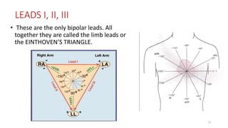 LEADS I, II, III
• These are the only bipolar leads. All
together they are called the limb leads or
the EINTHOVEN’S TRIANGLE.
15
 