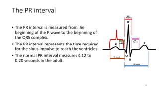 The PR interval
• The PR interval is measured from the
beginning of the P wave to the beginning of
the QRS complex.
• The PR interval represents the time required
for the sinus impulse to reach the ventricles.
• The normal PR interval measures 0.12 to
0.20 seconds in the adult.
30
 