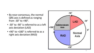 • By near-consensus, the normal
QRS axis is defined as ranging
from -30° to +90°.
• -30° to -90° is referred to as a left
axis deviation (LAD)
• +90° to +180° is referred to as a
right axis deviation (RAD)
42
 