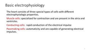 Basic electrophysiology
The heart consists of three special types of cells with different
electrophysiologic properties.
Muscle cells: specialized for contraction and are present in the atria and
ventricles.
Conducting cells: rapid conduction of the electrical impulse
Pacemaking cells: automaticity and are capable of generating electrical
impulses.
5
 