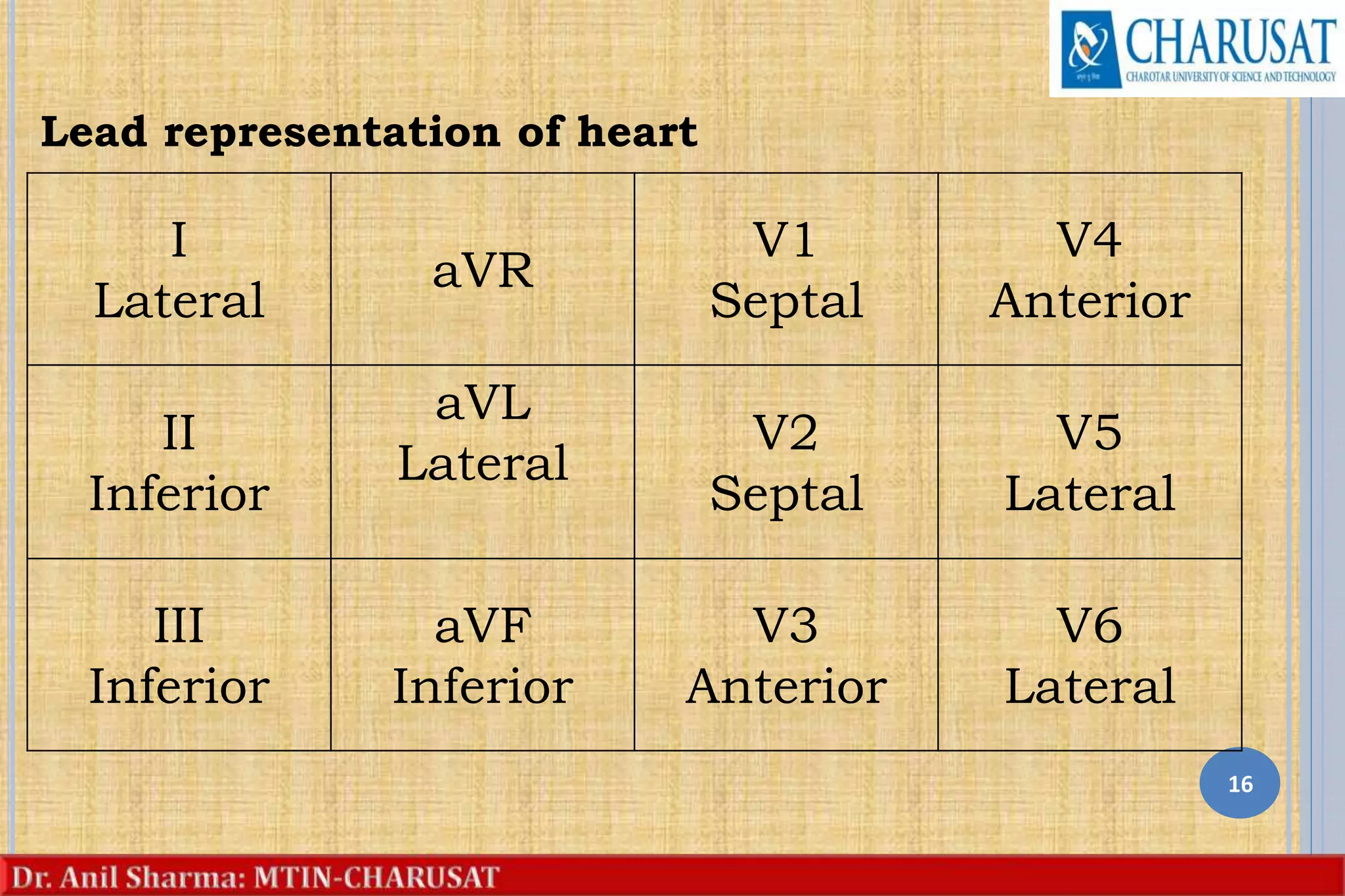 Lead representation of heart
16
I
Lateral
aVR
V1
Septal
V4
Anterior
II
Inferior
aVL
Lateral
V2
Septal
V5
Lateral
III
Inferior
aVF
Inferior
V3
Anterior
V6
Lateral
 