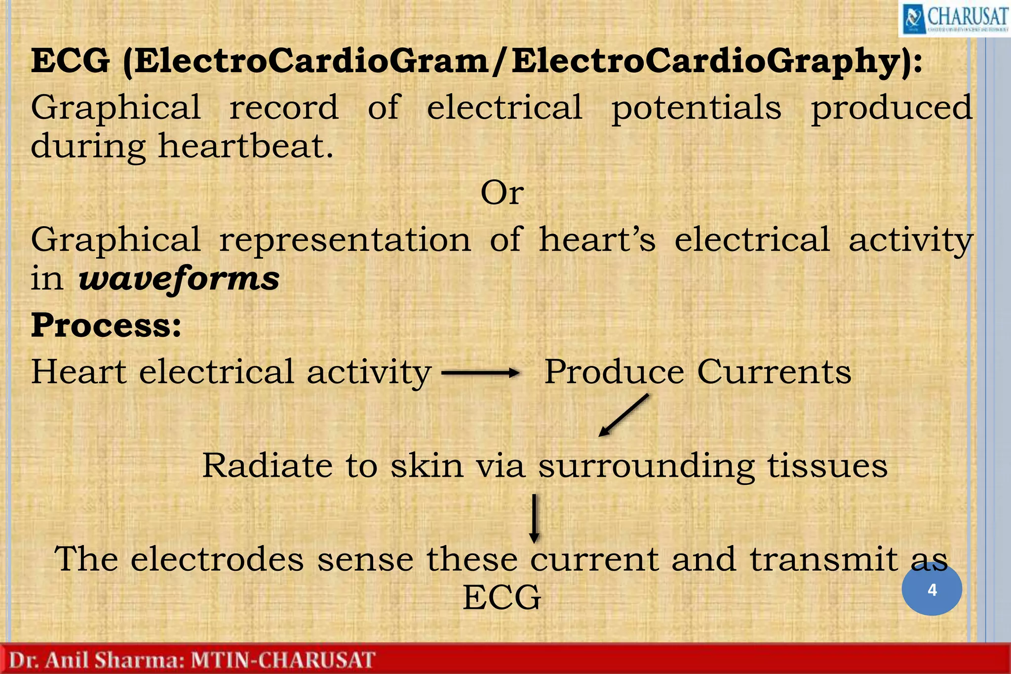 ECG (ElectroCardioGram/ElectroCardioGraphy):
Graphical record of electrical potentials produced
during heartbeat.
Or
Graphical representation of heart’s electrical activity
in waveforms
Process:
Heart electrical activity Produce Currents
Radiate to skin via surrounding tissues
The electrodes sense these current and transmit as
ECG 4
 