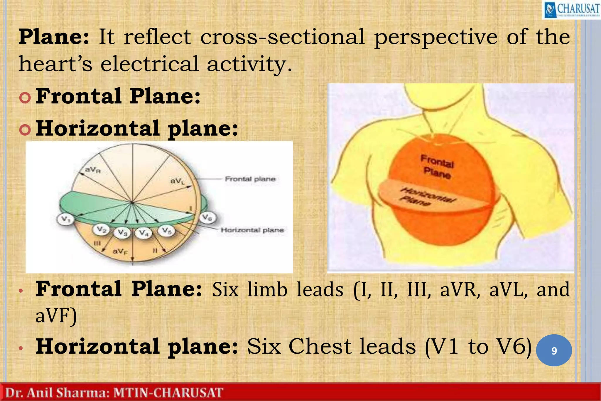 Plane: It reflect cross-sectional perspective of the
heart’s electrical activity.
 Frontal Plane:
 Horizontal plane:
• Frontal Plane: Six limb leads (I, II, III, aVR, aVL, and
aVF)
• Horizontal plane: Six Chest leads (V1 to V6) 9
 