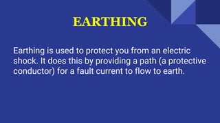 Earthing is used to protect you from an electric
shock. It does this by providing a path (a protective
conductor) for a fault current to flow to earth.
EARTHING
 