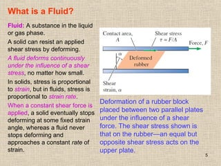 5
What is a Fluid?
Fluid: A substance in the liquid
or gas phase.
A solid can resist an applied
shear stress by deforming.
A fluid deforms continuously
under the influence of a shear
stress, no matter how small.
In solids, stress is proportional
to strain, but in fluids, stress is
proportional to strain rate.
When a constant shear force is
applied, a solid eventually stops
deforming at some fixed strain
angle, whereas a fluid never
stops deforming and
approaches a constant rate of
strain.
Deformation of a rubber block
placed between two parallel plates
under the influence of a shear
force. The shear stress shown is
that on the rubber—an equal but
opposite shear stress acts on the
upper plate.
 