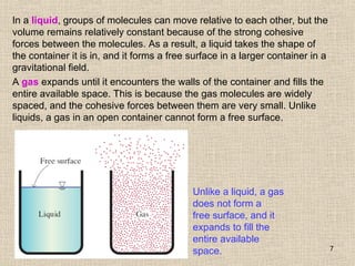 7
Unlike a liquid, a gas
does not form a
free surface, and it
expands to fill the
entire available
space.
In a liquid, groups of molecules can move relative to each other, but the
volume remains relatively constant because of the strong cohesive
forces between the molecules. As a result, a liquid takes the shape of
the container it is in, and it forms a free surface in a larger container in a
gravitational field.
A gas expands until it encounters the walls of the container and fills the
entire available space. This is because the gas molecules are widely
spaced, and the cohesive forces between them are very small. Unlike
liquids, a gas in an open container cannot form a free surface.
 