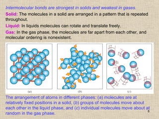 8
The arrangement of atoms in different phases: (a) molecules are at
relatively fixed positions in a solid, (b) groups of molecules move about
each other in the liquid phase, and (c) individual molecules move about at
random in the gas phase.
Intermolecular bonds are strongest in solids and weakest in gases.
Solid: The molecules in a solid are arranged in a pattern that is repeated
throughout.
Liquid: In liquids molecules can rotate and translate freely.
Gas: In the gas phase, the molecules are far apart from each other, and
molecular ordering is nonexistent.
 