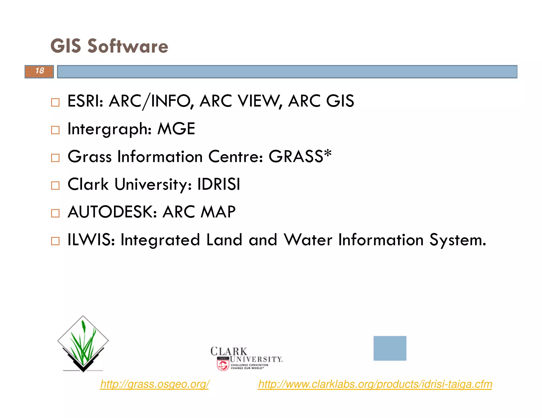 18
GIS Software
ESRI: ARC/INFO, ARC VIEW, ARC GIS
Intergraph: MGE
Grass Information Centre: GRASS*
Clark University: IDRISI
AUTODESK: ARC MAP
ILWIS: Integrated Land and Water Information System.
http://grass.osgeo.org/ http://www.clarklabs.org/products/idrisi-taiga.cfm
18
 