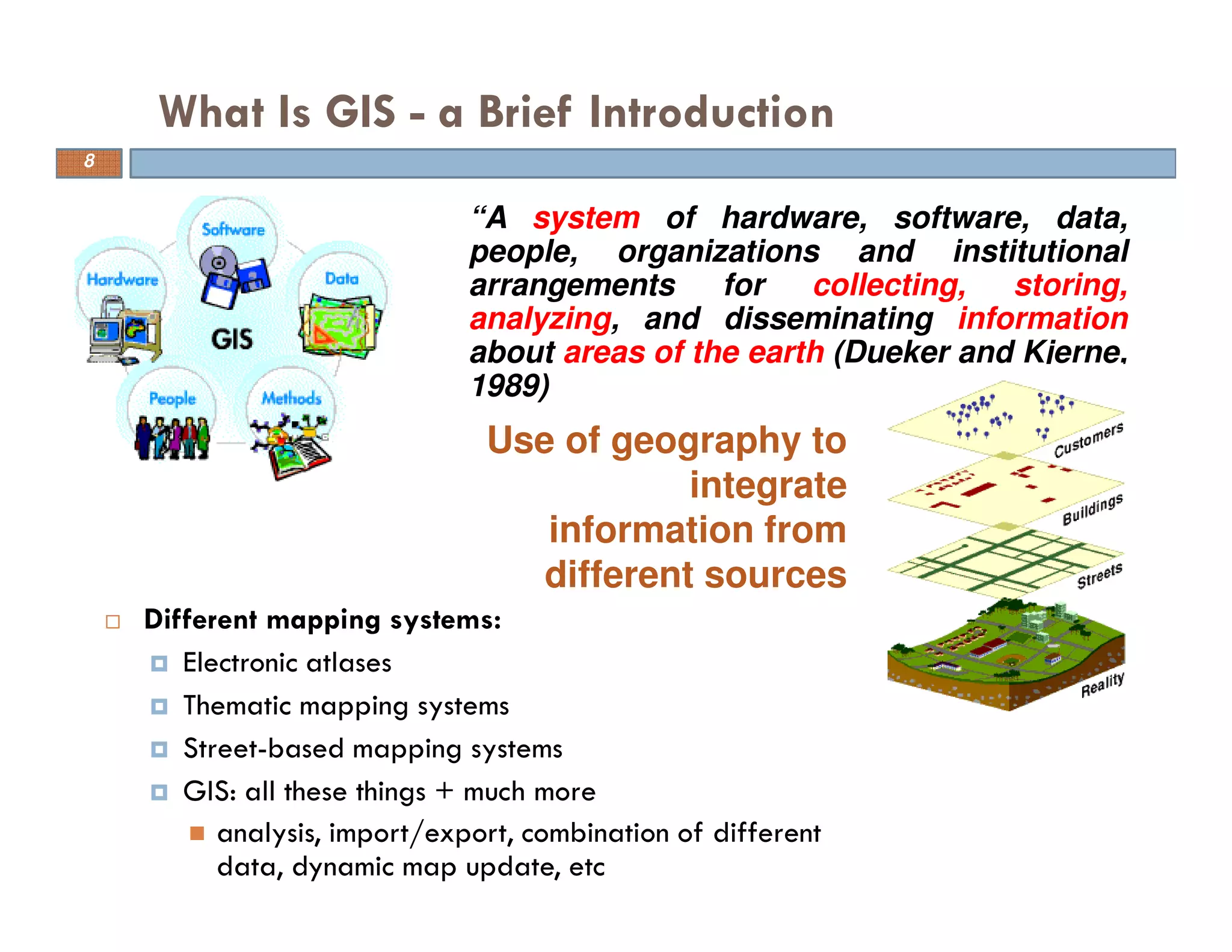 What Is GIS - a Brief Introduction
Different mapping systems:
Electronic atlases
Thematic mapping systems
Street-based mapping systems
GIS: all these things + much more
analysis, import/export, combination of different
data, dynamic map update, etc
“A system of hardware, software, data,
people, organizations and institutional
arrangements for collecting, storing,
analyzing, and disseminating information
about areas of the earth (Dueker and Kjerne,
1989)
Use of geography to
integrate
information from
different sources
8
 