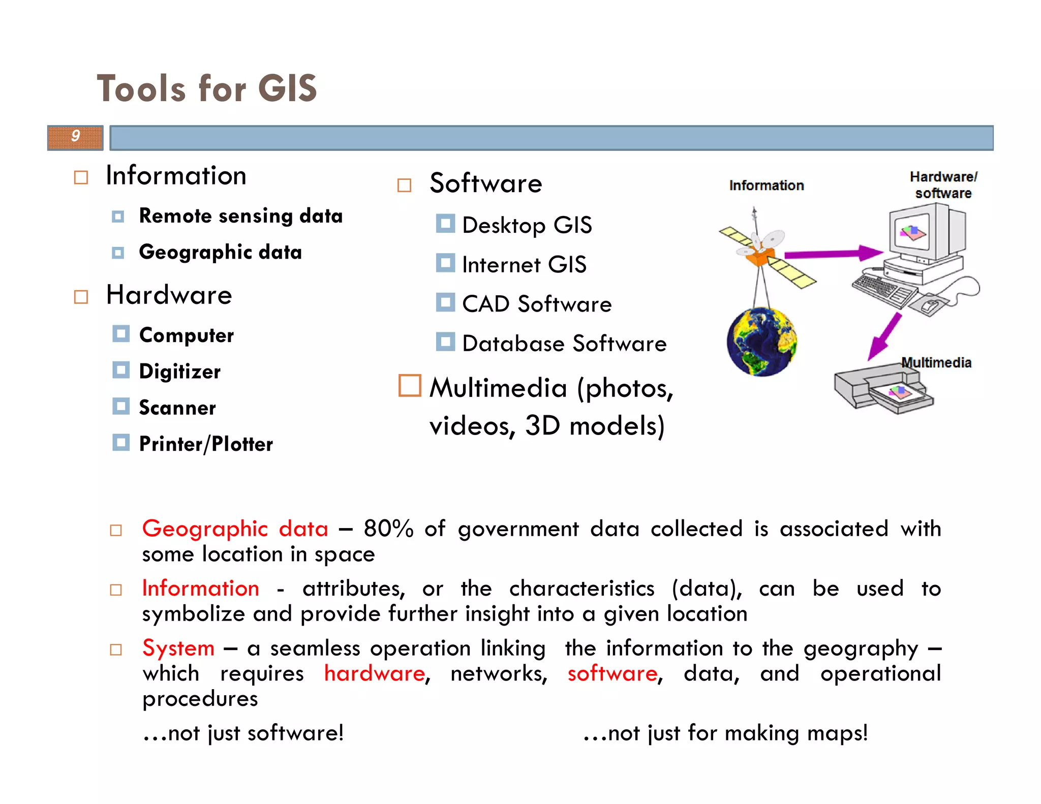 Information
Remote sensing data
Geographic data
Hardware
Computer
Digitizer
Scanner
Printer/Plotter
Tools for GIS
9
Software
Desktop GIS
Internet GIS
CAD Software
Database Software
Multimedia (photos,
videos, 3D models)
Geographic data – 80% of government data collected is associated with
some location in space
Information - attributes, or the characteristics (data), can be used to
symbolize and provide further insight into a given location
System – a seamless operation linking the information to the geography –
which requires hardware, networks, software, data, and operational
procedures
…not just software! …not just for making maps!
 