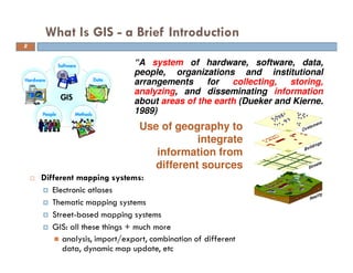 What Is GIS - a Brief Introduction
Different mapping systems:
Electronic atlases
Thematic mapping systems
Street-based map...