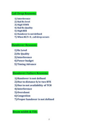 2
Call Drop Reasons:
1) Interference
2) Bad Rx level
3) HighVSWR
4) Bad Rx Quality
5) HighBER
6) Handover is not defined
7) When RLT= 0 , call drop occurs
Handover Reasons:
1) Rx Level
2) Rx Quality
3) Interference
4) Power budget
5) Timing Advance
Handover Failure Reasons:
1) Handover is not defined
2) Due to distance b/w two BTS
3) Due to not availability of TCH
4) Interference
5) Overshoot
6) Congestion
7) Proper handover is not defined
Beam width & Tilt:
 