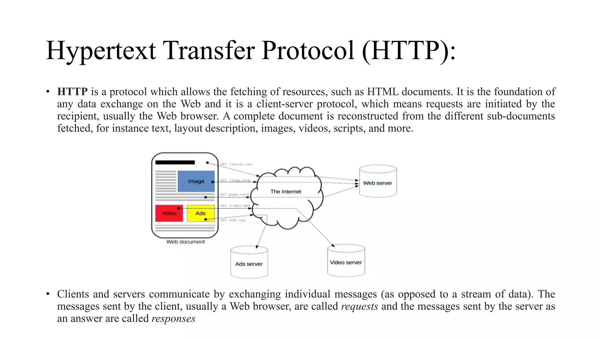 Hypertext Transfer Protocol (HTTP):
• HTTP is a protocol which allows the fetching of resources, such as HTML documents. It is the foundation of
any data exchange on the Web and it is a client-server protocol, which means requests are initiated by the
recipient, usually the Web browser. A complete document is reconstructed from the different sub-documents
fetched, for instance text, layout description, images, videos, scripts, and more.
• Clients and servers communicate by exchanging individual messages (as opposed to a stream of data). The
messages sent by the client, usually a Web browser, are called requests and the messages sent by the server as
an answer are called responses
 