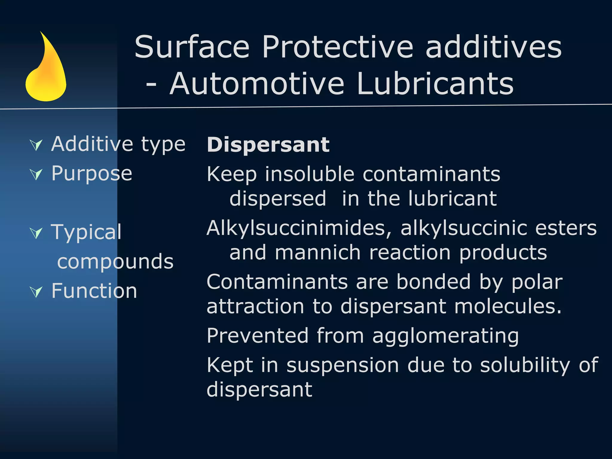 Surface Protective additives
- Automotive Lubricants
 Additive type
 Purpose
 Typical
compounds
 Function
Dispersant
Keep insoluble contaminants
dispersed in the lubricant
Alkylsuccinimides, alkylsuccinic esters
and mannich reaction products
Contaminants are bonded by polar
attraction to dispersant molecules.
Prevented from agglomerating
Kept in suspension due to solubility of
dispersant
 