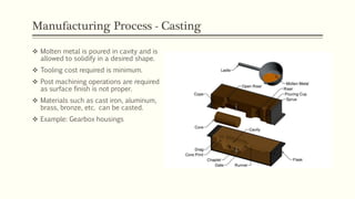 Manufacturing Process - Casting
 Molten metal is poured in cavity and is
allowed to solidify in a desired shape.
 Tooling cost required is minimum.
 Post machining operations are required
as surface finish is not proper.
 Materials such as cast iron, aluminum,
brass, bronze, etc. can be casted.
 Example: Gearbox housings
 