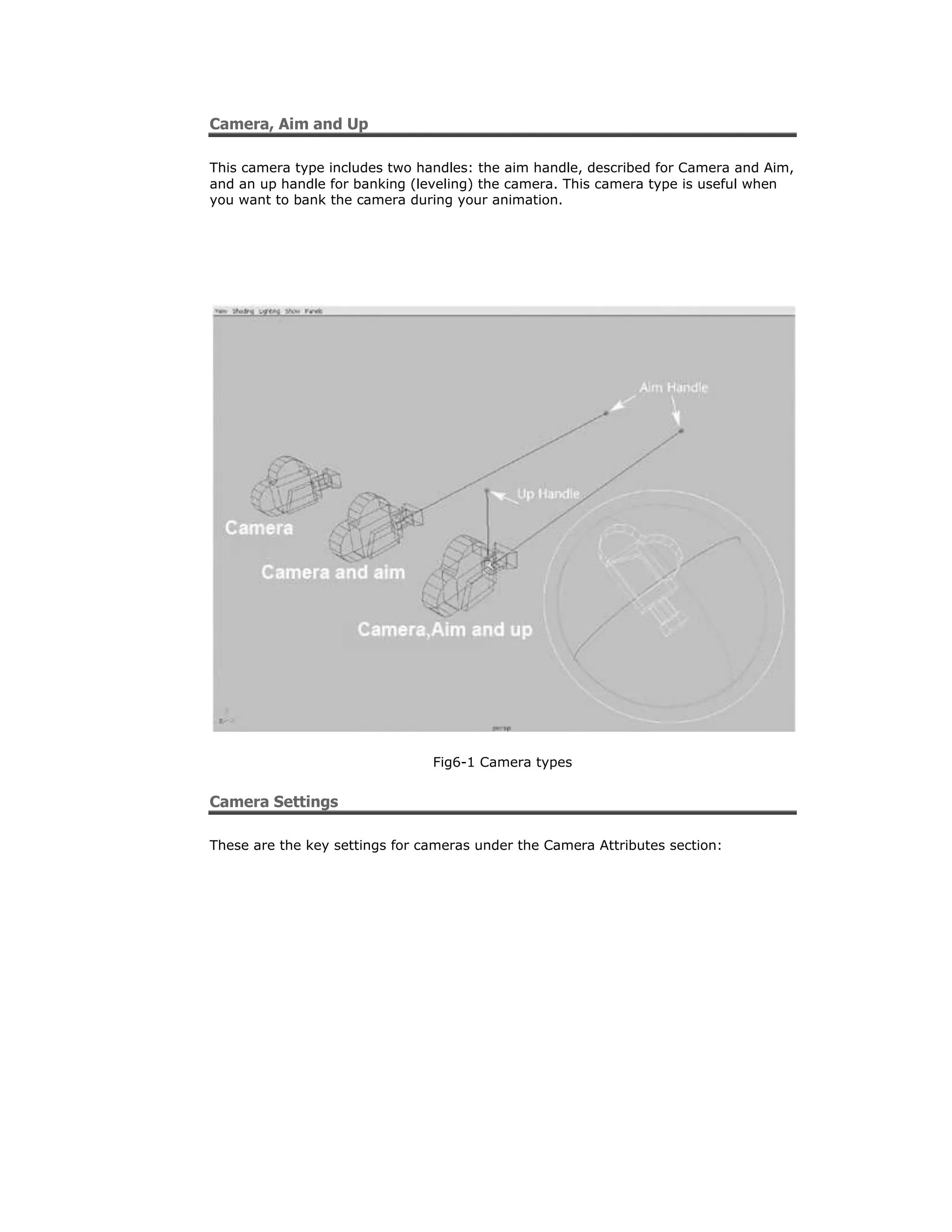 Camera, Aim and Up

This camera type includes two handles: the aim handle, described for Camera and Aim,
and an up handle for banking (leveling) the camera. This camera type is useful when
you want to bank the camera during your animation.




                                Fig6-1 Camera types


Camera Settings

These are the key settings for cameras under the Camera Attributes section:
 
