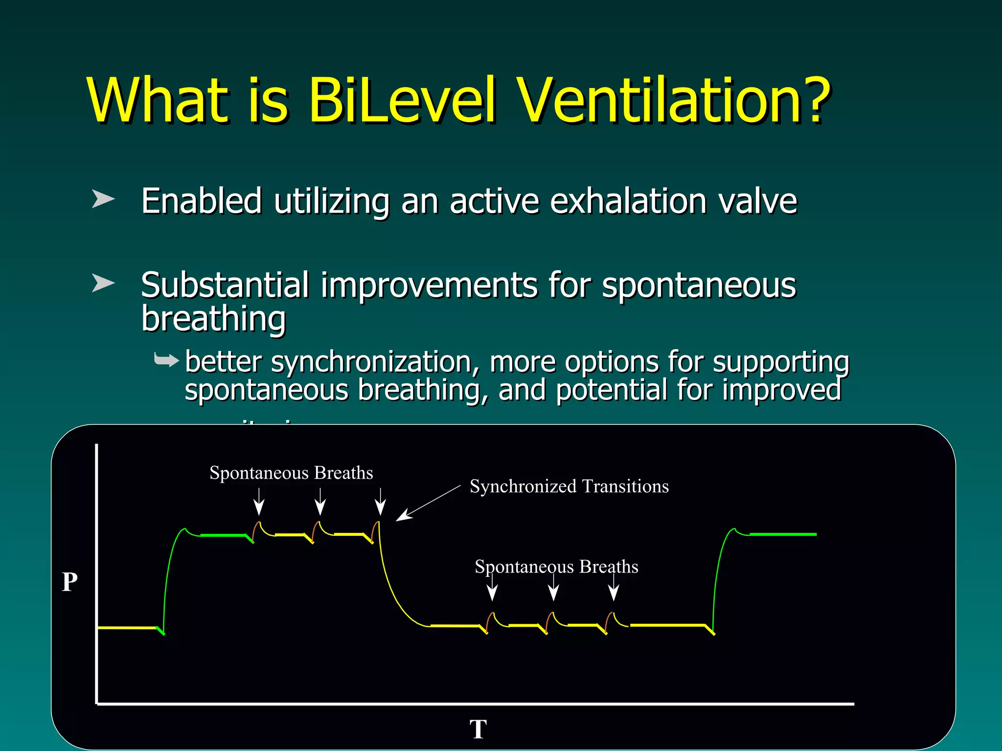 What is BiLevel Ventilation? Enabled utilizing an active exhalation valve Substantial improvements for spontaneous breathing better synchronization, more options for supporting spontaneous breathing, and potential for improved monitoring   