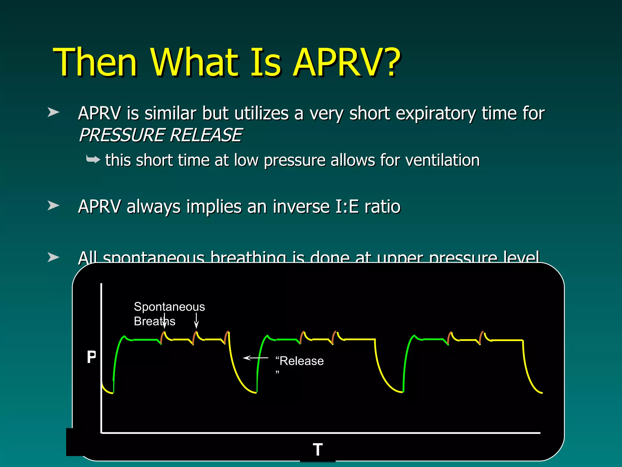 Then What Is APRV? APRV is similar but utilizes a very short expiratory time for  PRESSURE RELEASE this short time at low pressure allows for ventilation APRV always implies an inverse I:E ratio All spontaneous breathing is done at upper pressure level Spontaneous Breaths P T “ Release”  