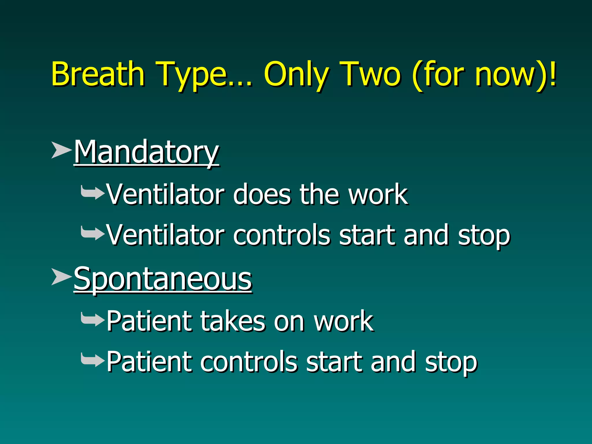 Breath Type… Only Two (for now)! Mandatory Ventilator does the work Ventilator controls start and stop Spontaneous Patient takes on work Patient controls start and stop 