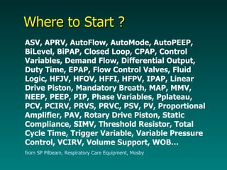 Where to Start ? ASV, APRV, AutoFlow, AutoMode, AutoPEEP, BiLevel, BiPAP, Closed Loop, CPAP, Control Variables, Demand Flow, Differential Output, Duty Time, EPAP, Flow Control Valves, Fluid Logic, HFJV, HFOV, HFFI, HFPV, IPAP, Linear Drive Piston, Mandatory Breath, MAP, MMV, NEEP, PEEP, PIP, Phase Variables, Pplateau, PCV, PCIRV, PRVS, PRVC, PSV, PV, Proportional Amplifier, PAV, Rotary Drive Piston, Static Compliance, SIMV, Threshold Resistor, Total Cycle Time, Trigger Variable, Variable Pressure Control, VCIRV, Volume Support, WOB… from SP Pilbeam, Respiratory Care Equipment, Mosby 