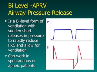 Bi Level -APRV  Airway Pressure Release Is a Bi-level form of ventilation with sudden short releases in pressure to rapidly reduce FRC and allow for ventilation Can work in spontaneous or apneic patients F P 