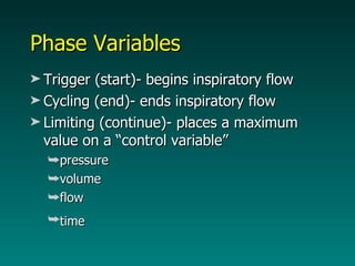 Phase Variables Trigger (start)- begins inspiratory flow Cycling (end)- ends inspiratory flow Limiting (continue)- places a maximum value on a “control variable” pressure volume flow time   